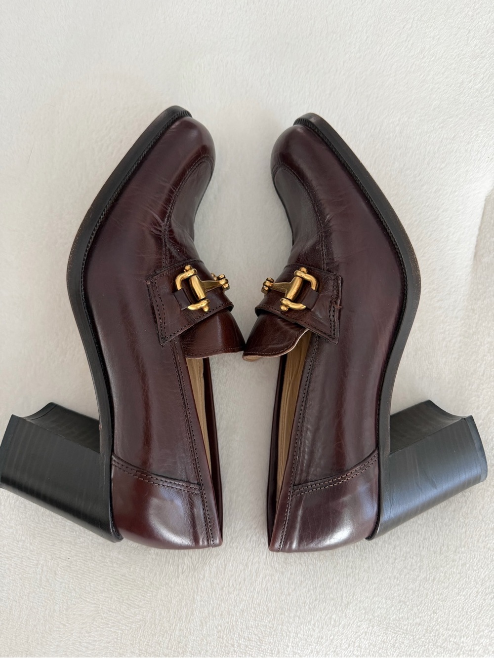 Joan & David Brown Leather Loafers with Gold Horsebit 3" stacked heel 7